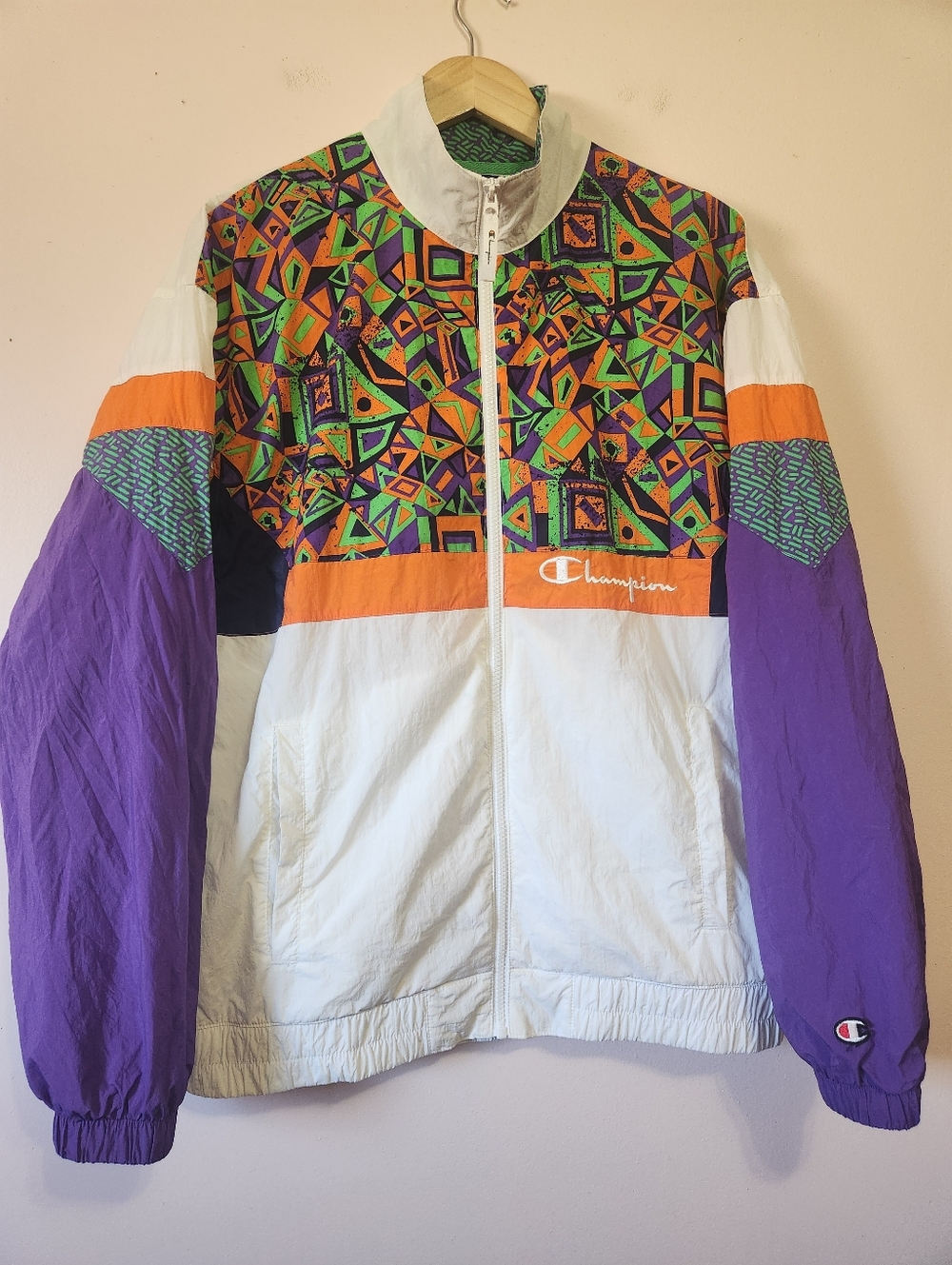 Champion x MTV Windbreaker Jacket Retro 90s Geo Print Colorblock Size M
